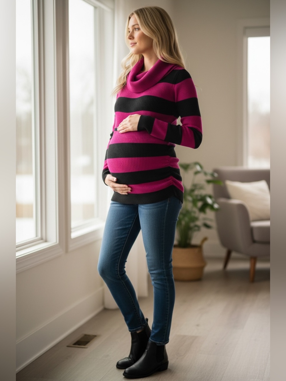 Oh Baby by Motherhood Black & Fuchsia Striped Cowlneck Maternity Sweater